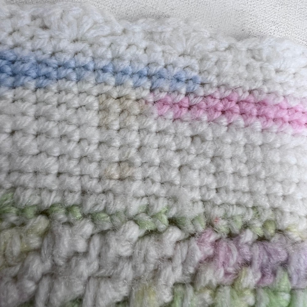 Vtg Pastel‎ Crochet Baby Blanket, Handmade Knit Stripes White Trim Soft READ - Picture 4 of 7